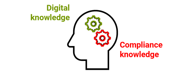 icon of a head with two cogs showing digital knowledge and compliance knowledge