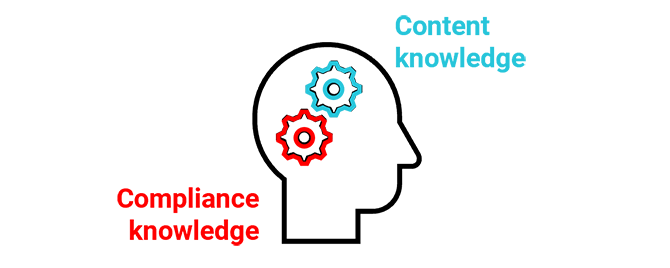 icon of a head with two cogs showing content knowledge and compliance knowledge