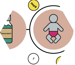 illustration - line drawing of a baby in a nappy surrounded by medical symbols