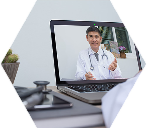 photo – a doctor delivering a presentation via a laptop to someone watching 